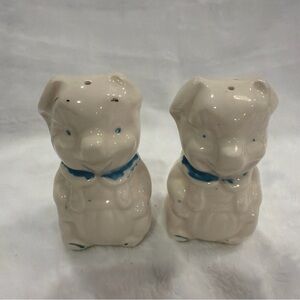 Vintage Shawnee Pig Salt & Pepper Shakers Set White Ceramic Blue Scarf Farmhouse
